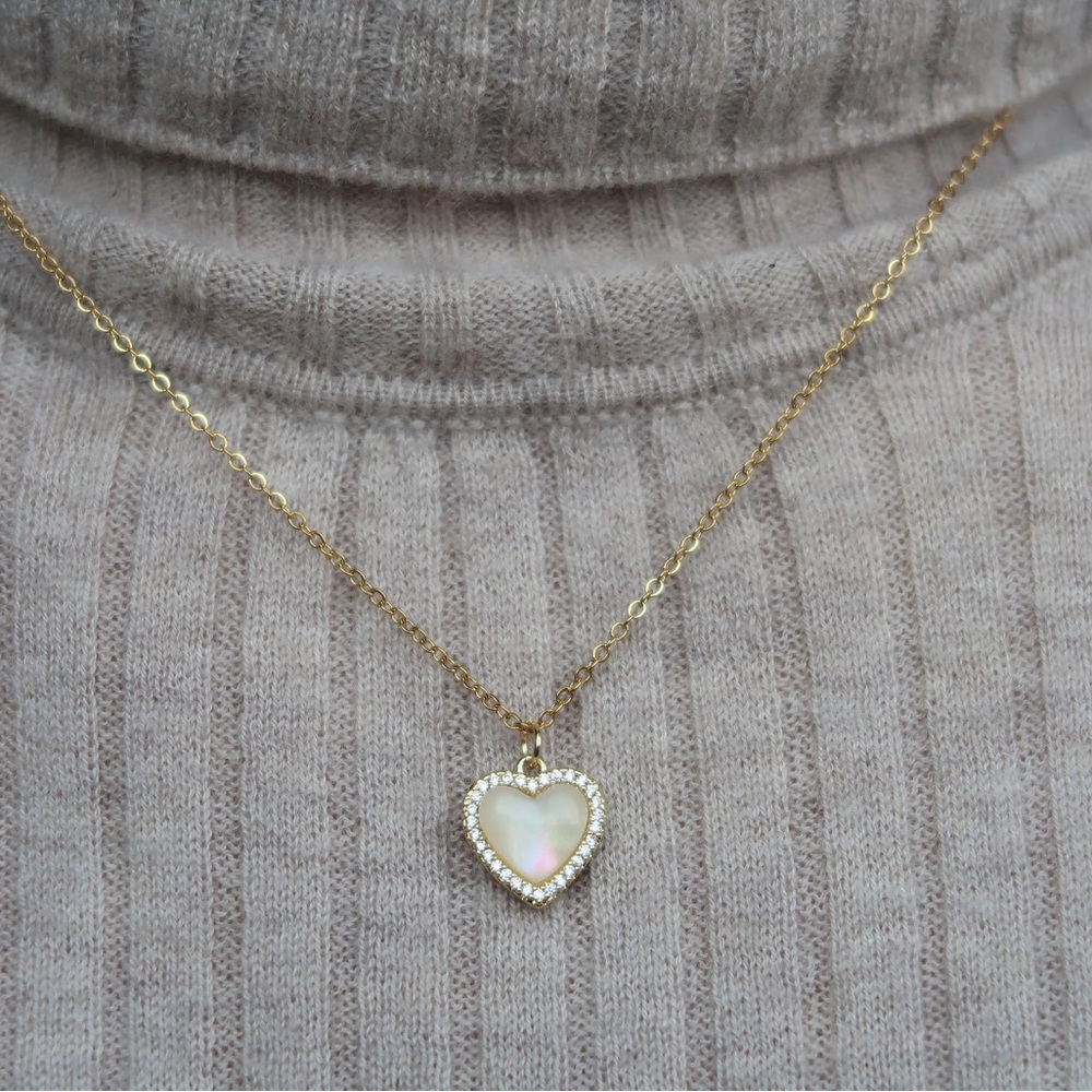 Gold Heart Crystal Opal Pendant Necklace, Bride Bridal Wedding Minimalist